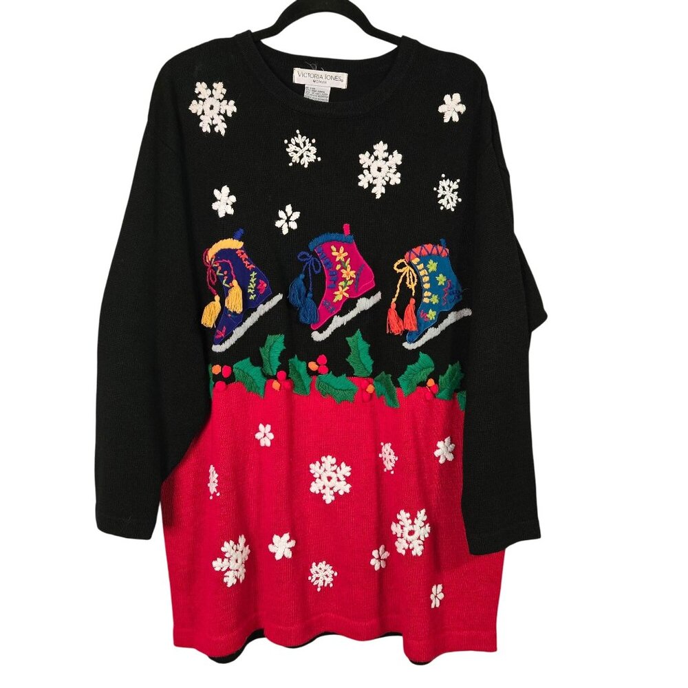 Vintage‎ Ugly Novelty Christmas Holiday Sweater Embroidered Holly Snowflakes